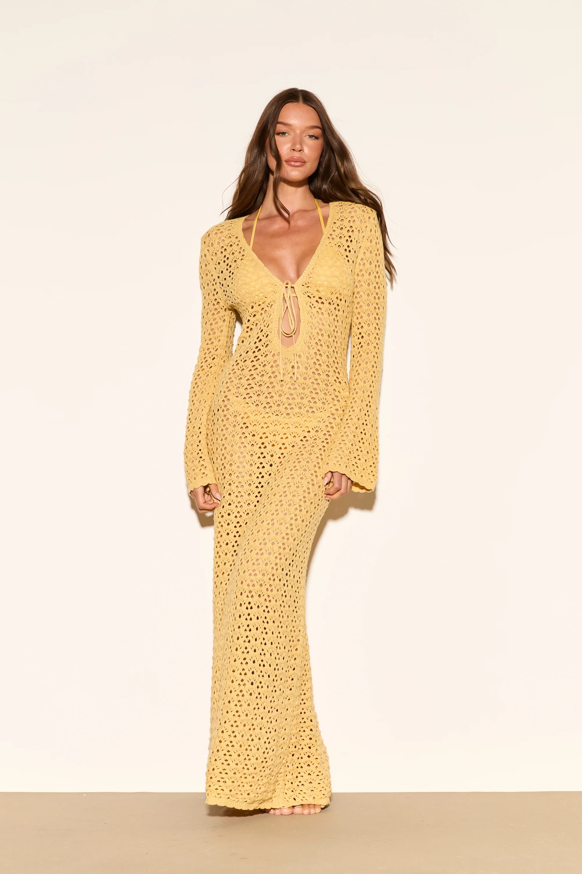 ADDISON Mustard Crochet Maxi Dress - Image 3