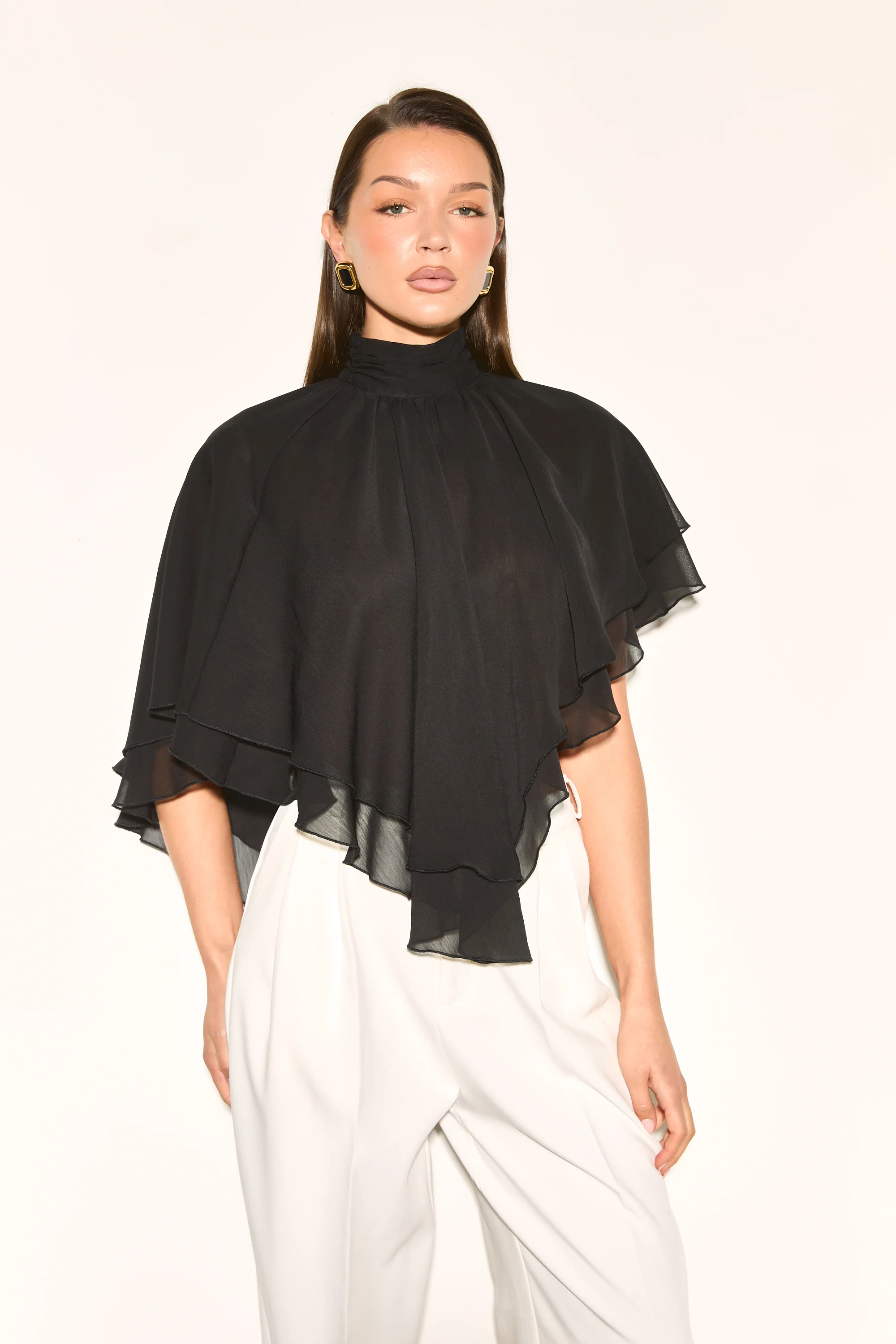 ALMA Black High Neck Cape Waterfall Top
