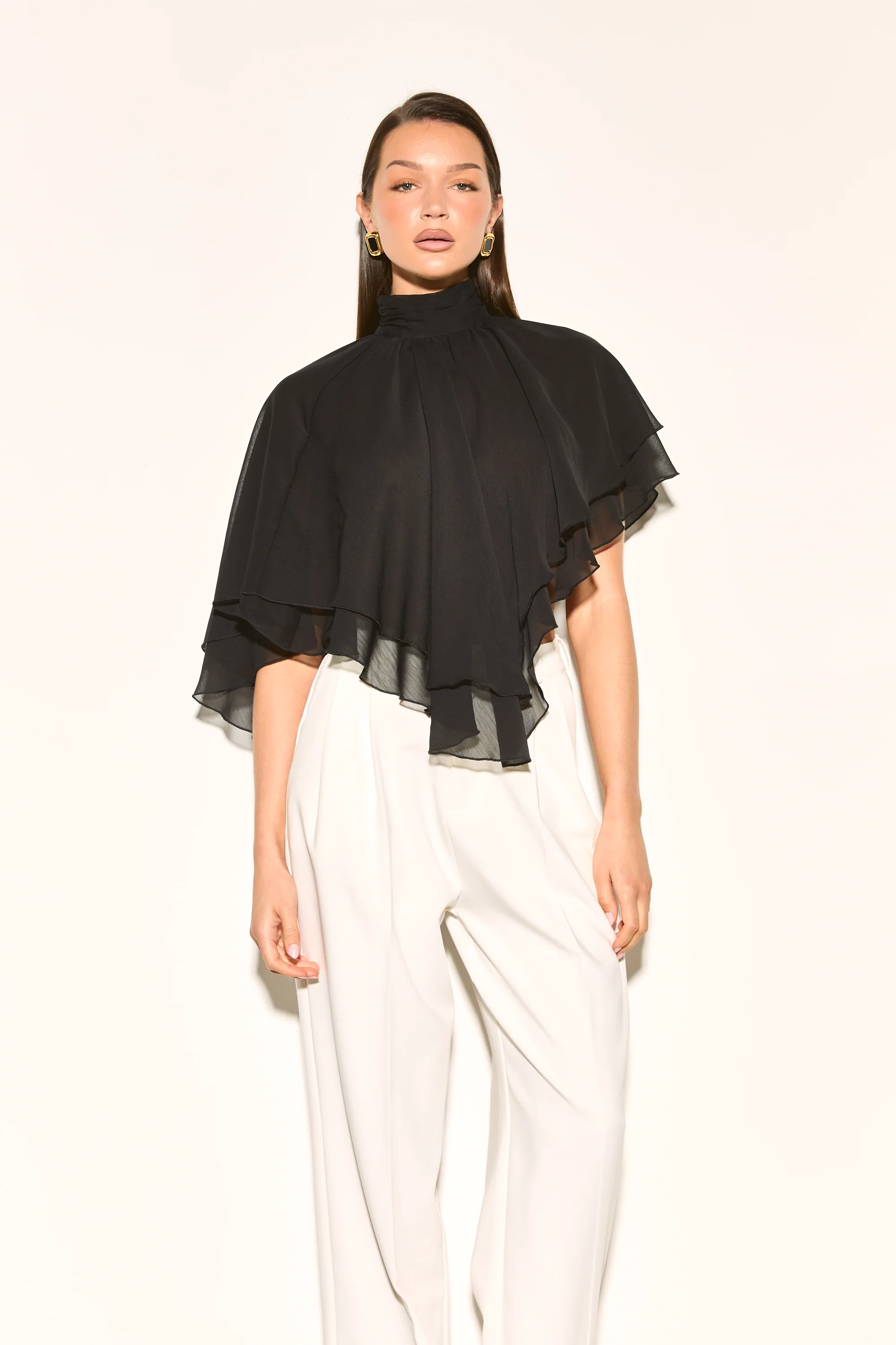 ALMA Black High Neck Cape Waterfall Top - Image 2