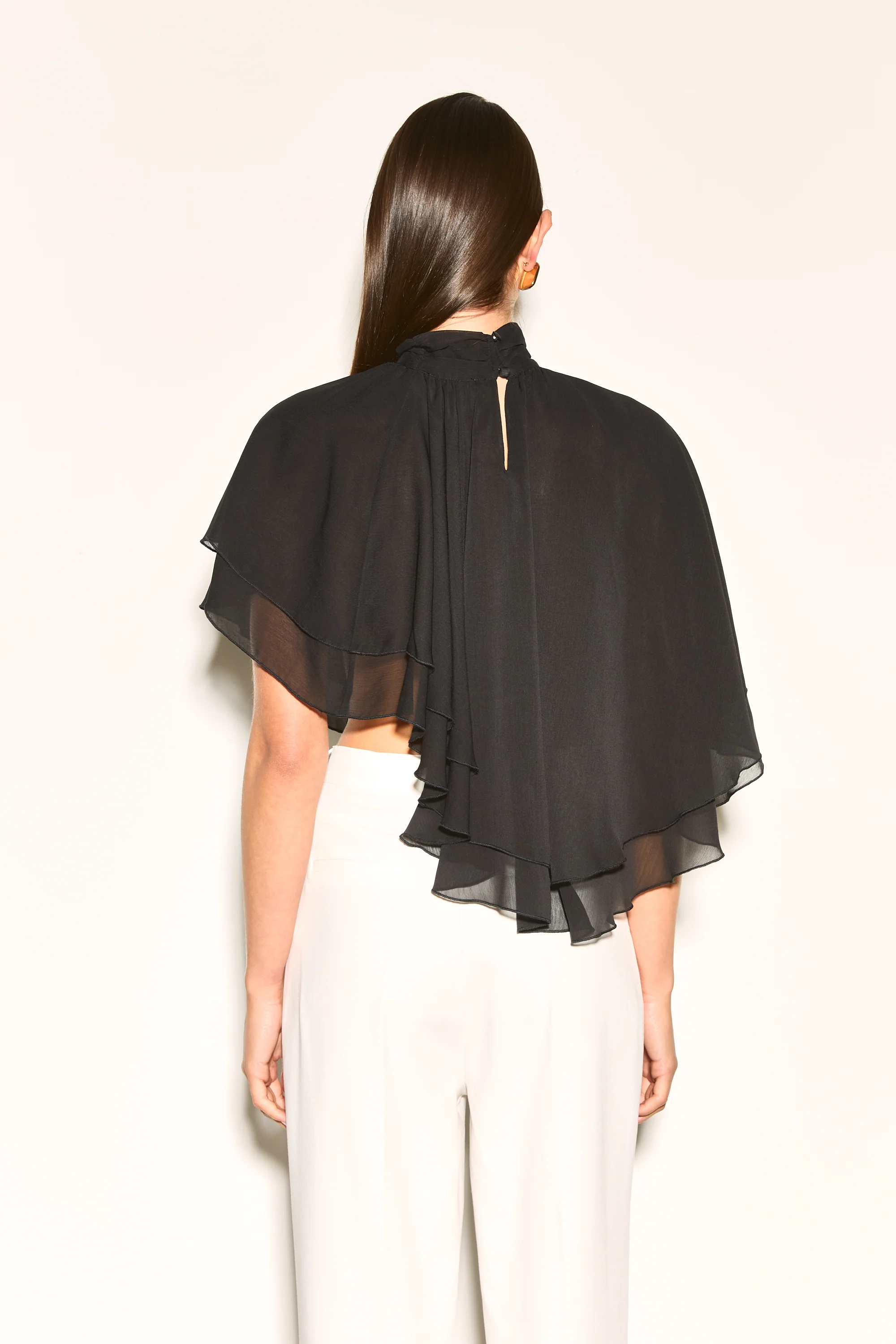 ALMA Black High Neck Cape Waterfall Top - Image 3