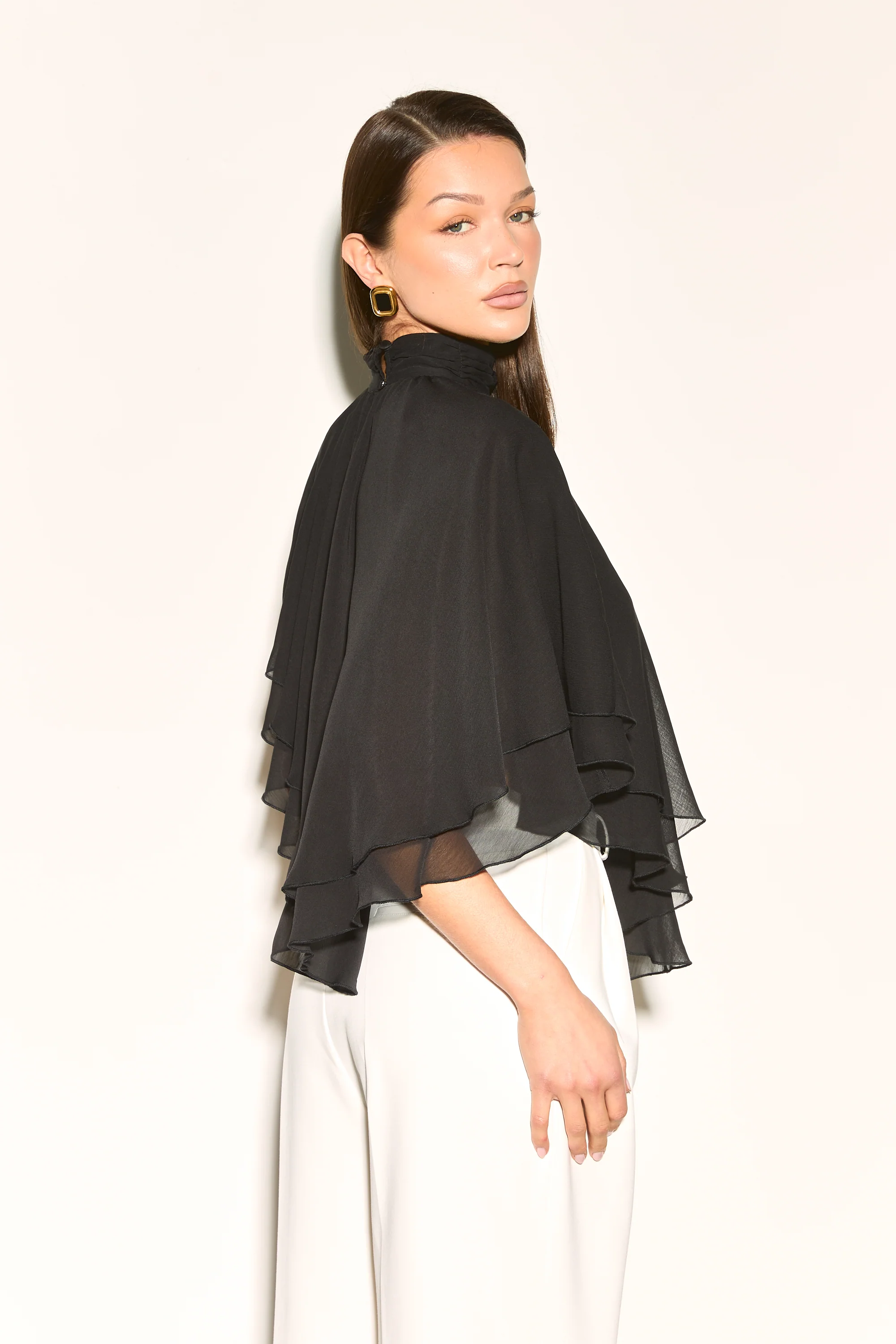 ALMA Black High Neck Cape Waterfall Top - Image 4
