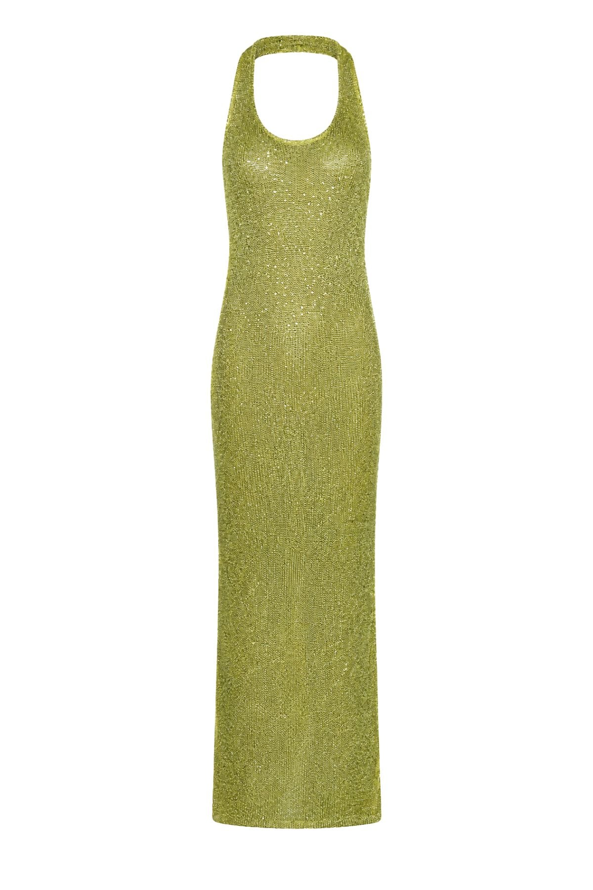 ASTRID Olive Green Sequin Knit Halter Maxi Dress - Image 8
