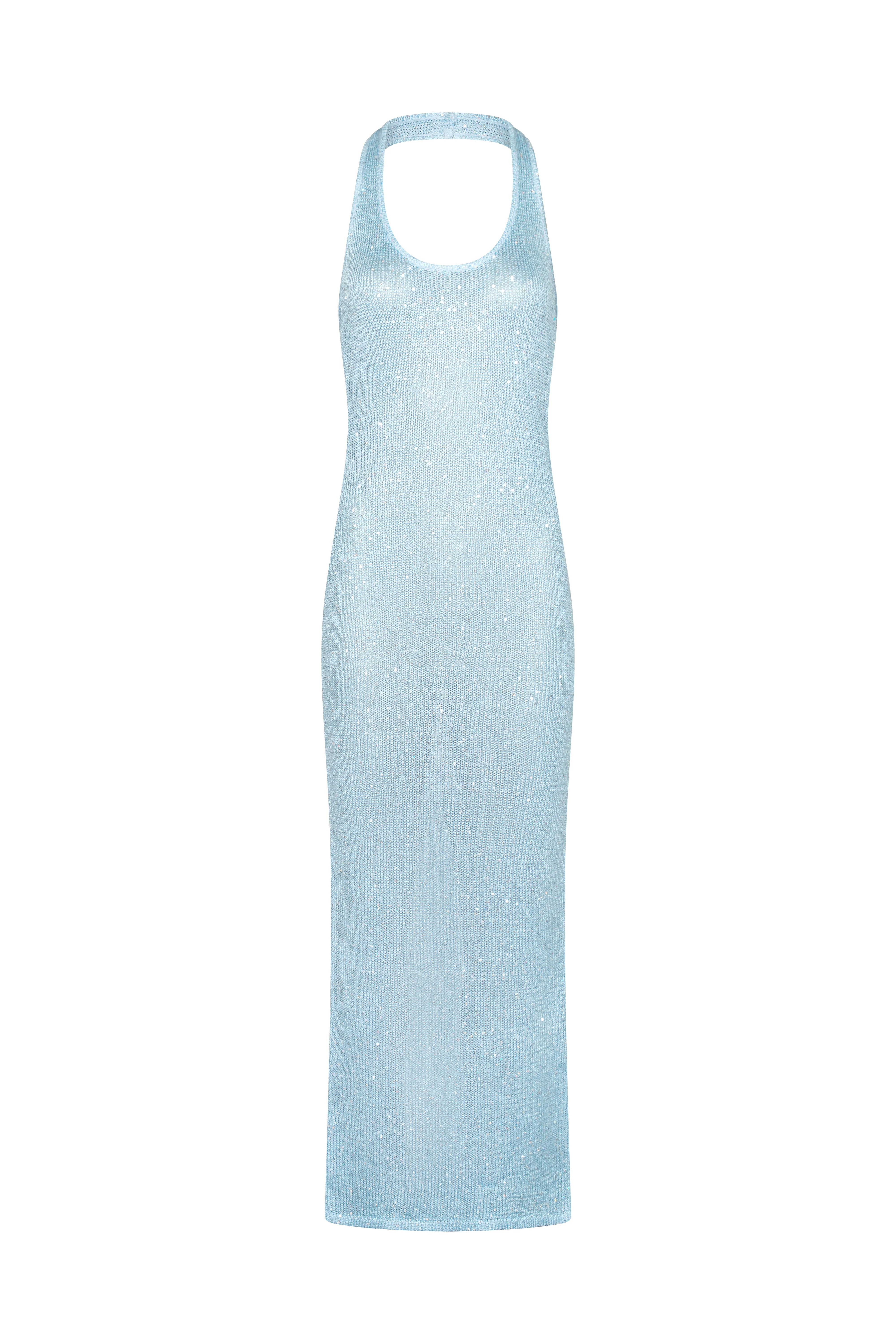 ASTRID Blue Sequin Knit Halter Maxi Dress - Image 8