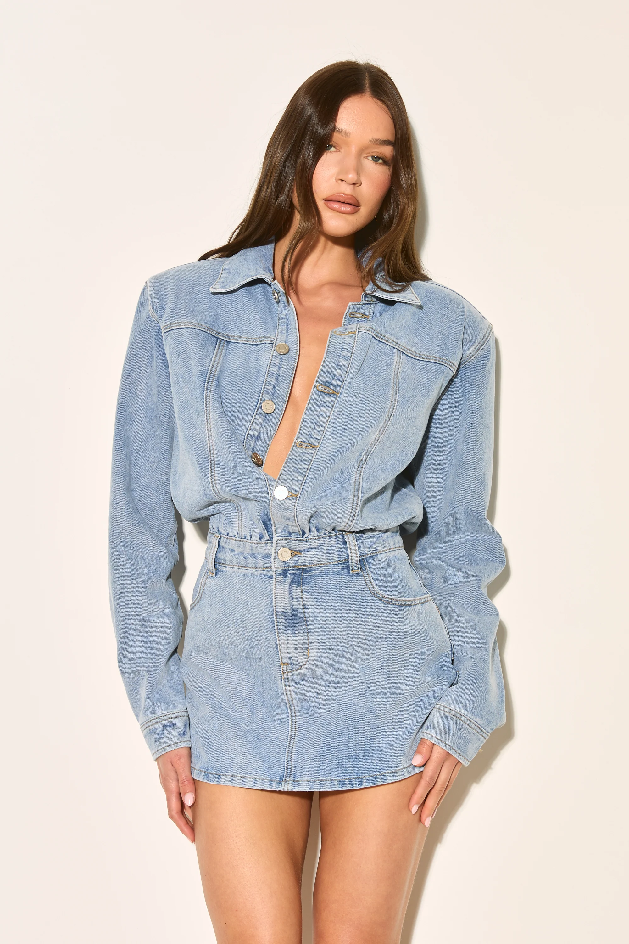 GIANNA Blue Shoulder Pad Denim Dress - Image 6