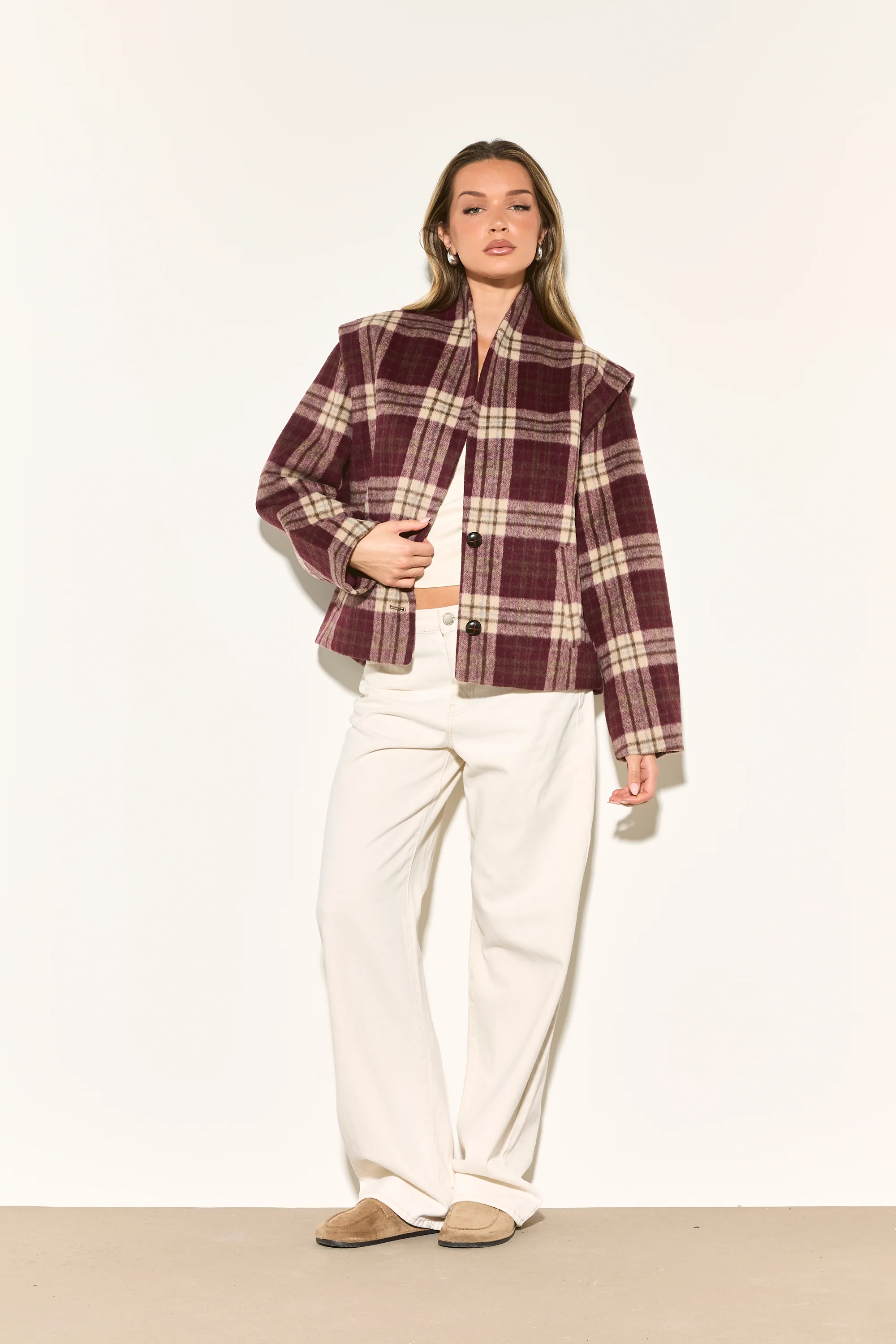 HAILEY Burgundy Check Wool Blend Jacket - Image 3