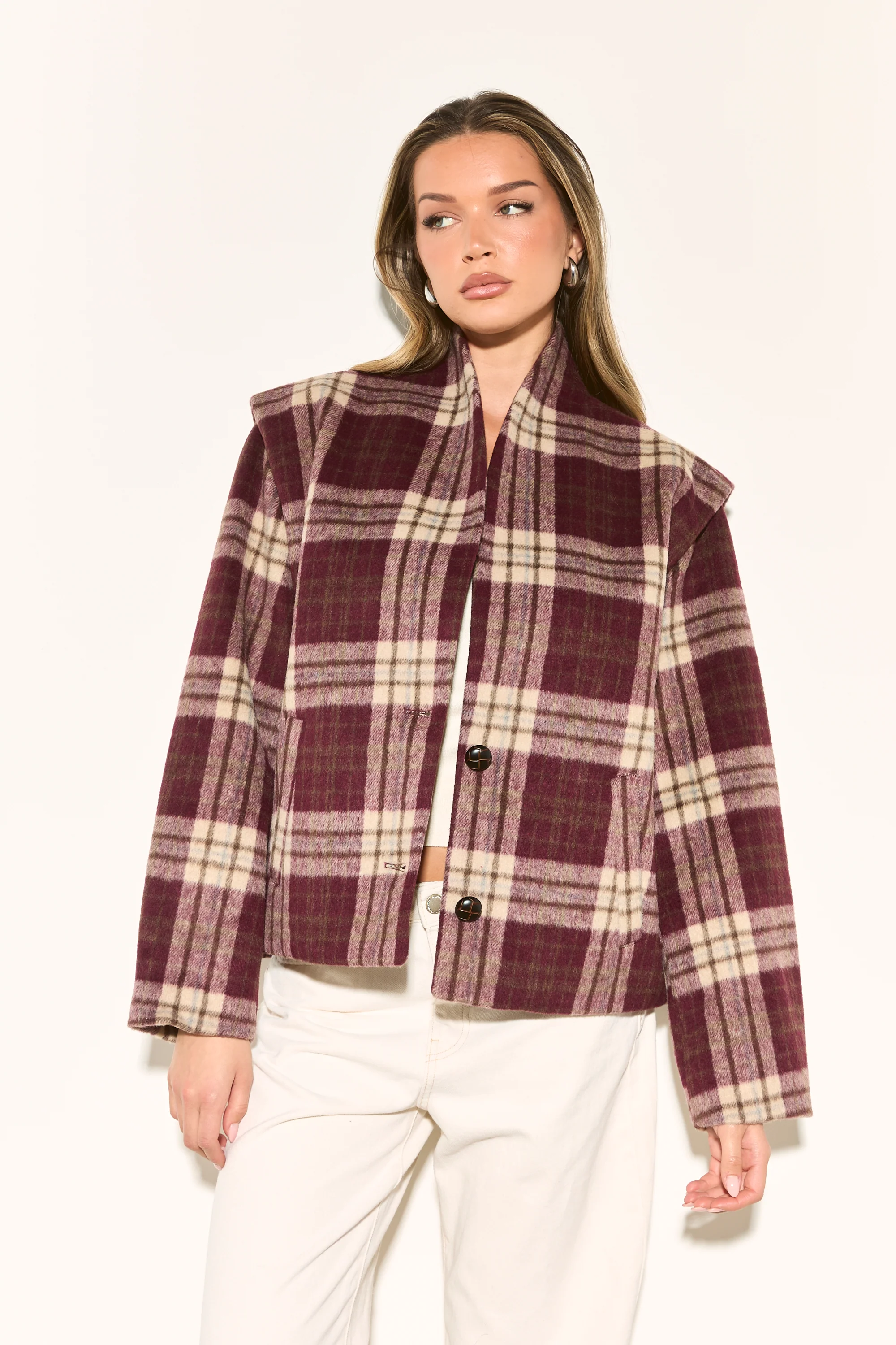 HAILEY Burgundy Check Wool Blend Jacket - Image 4
