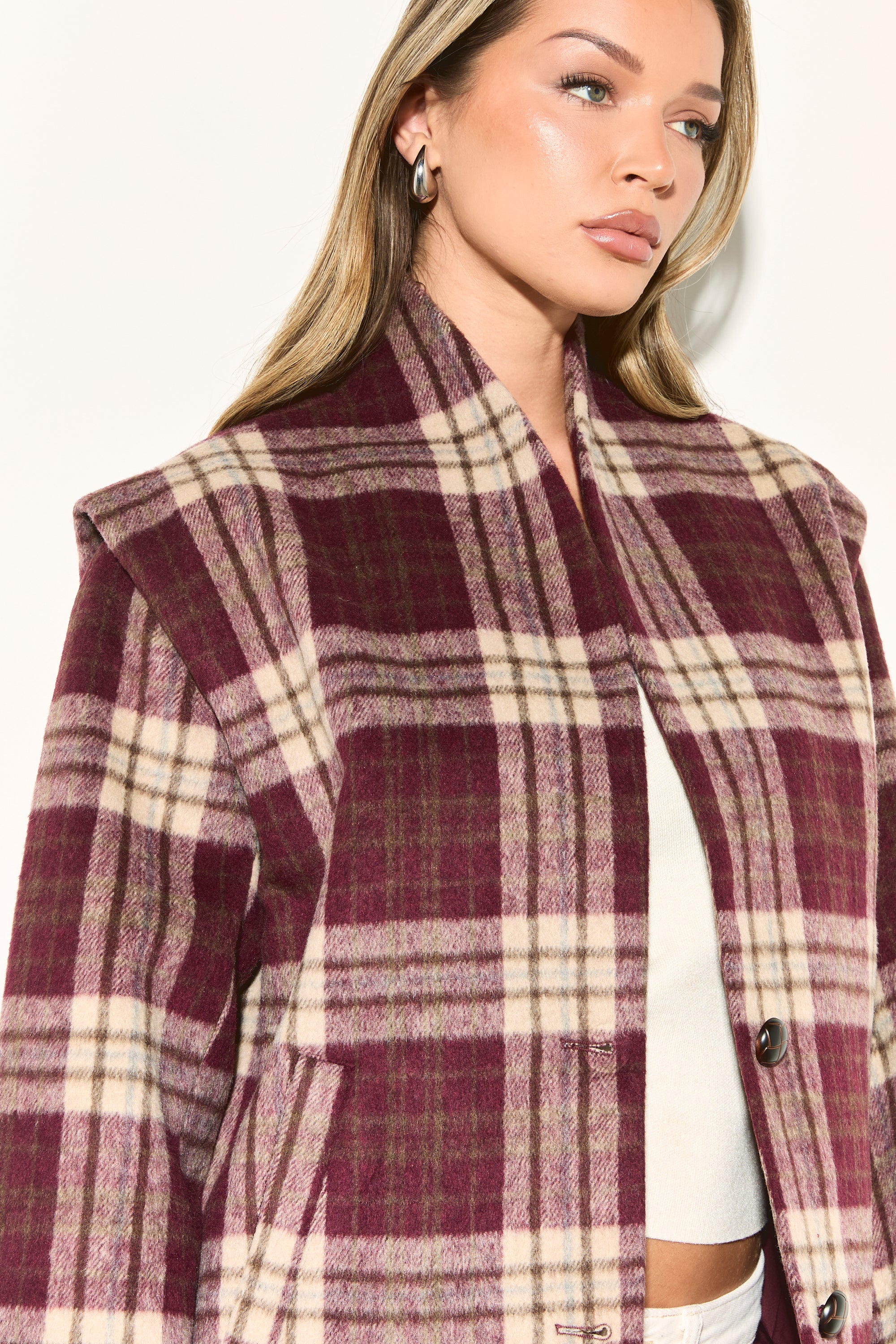 HAILEY Burgundy Check Wool Blend Jacket - Image 5