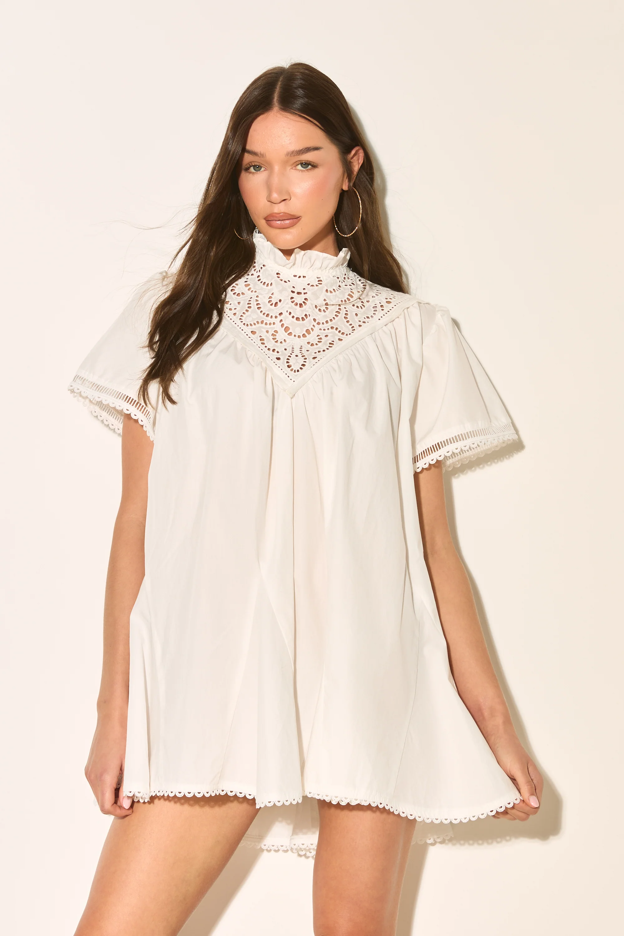 JOSETTE White Die Cut Poplin Smock Dress