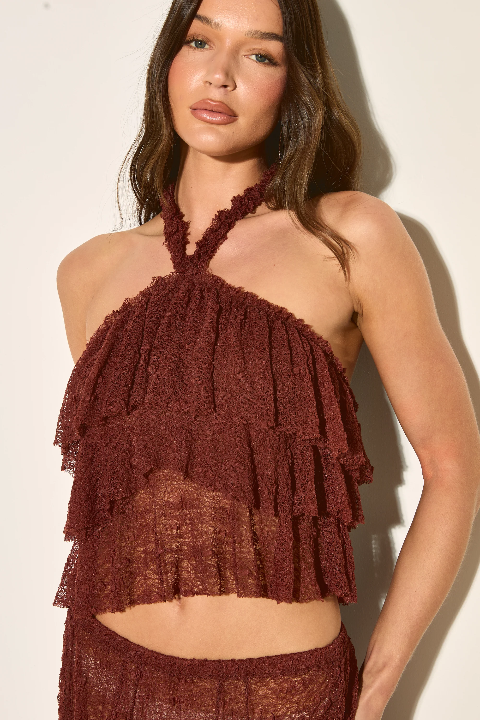 LIRA Brown Lace Halter Top - Image 4