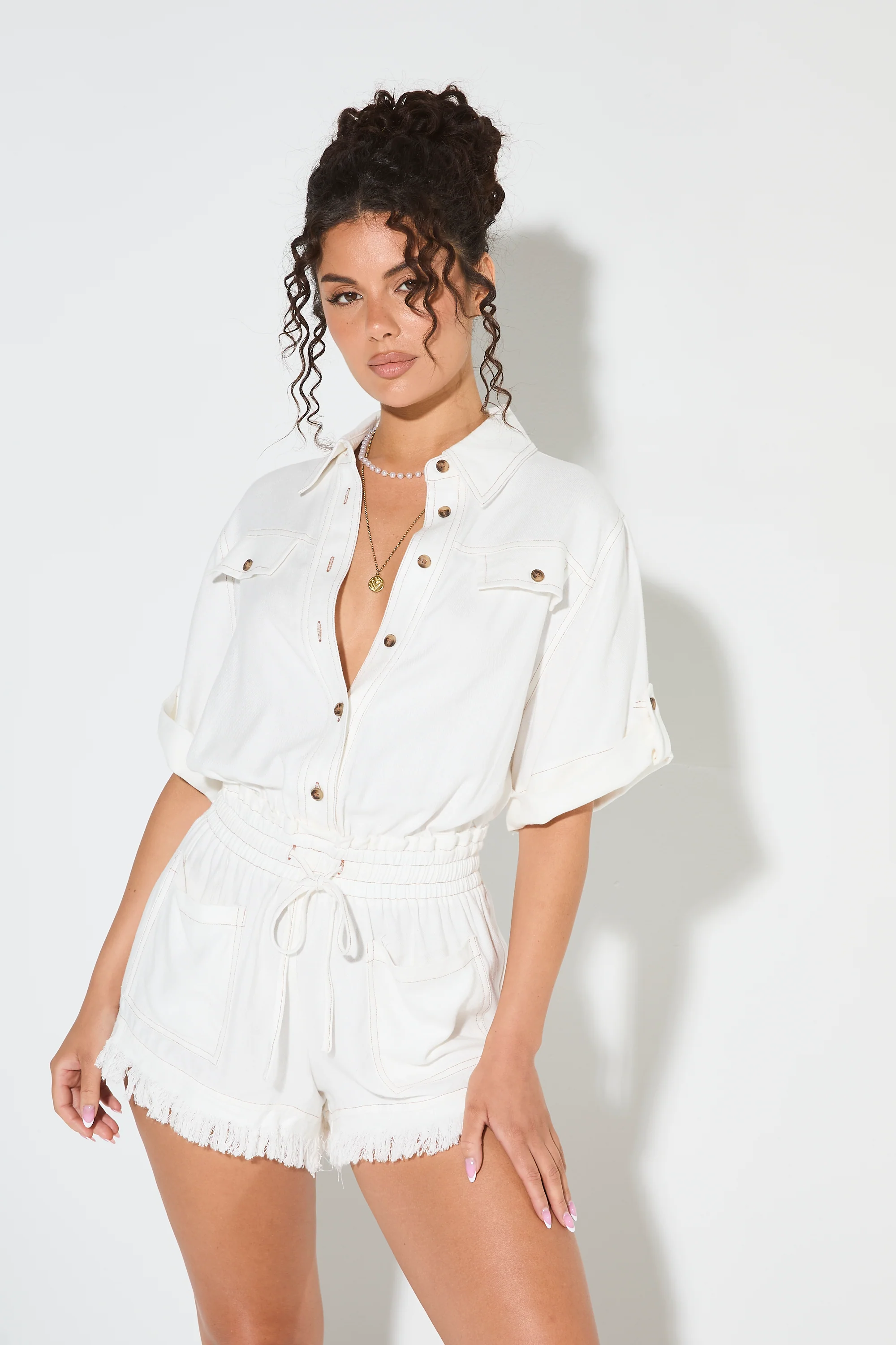 LOLA White Linen Frayed Playsuit - Image 3