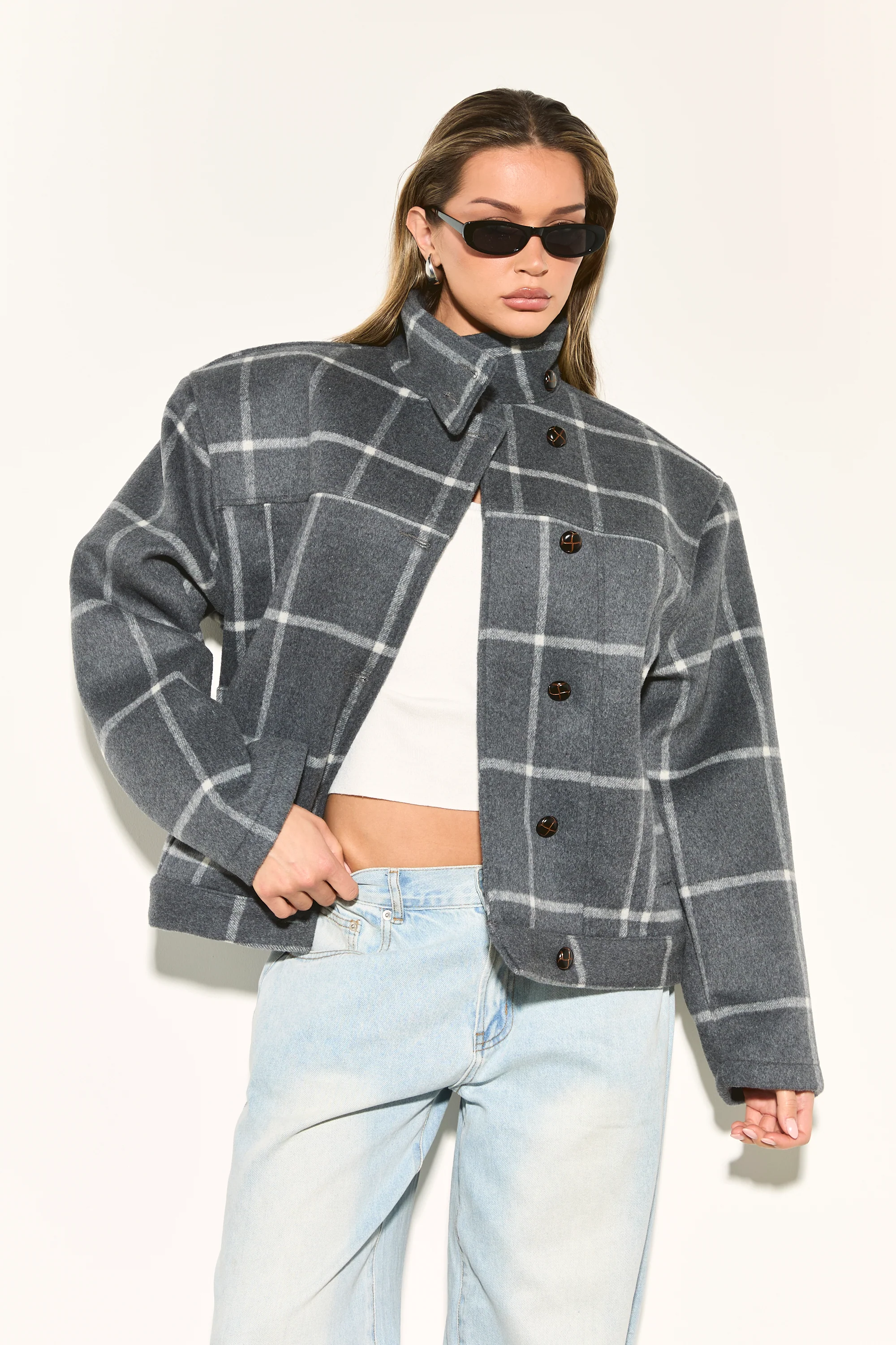 LONIE Grey Check Wool Blend Jacket - Image 3