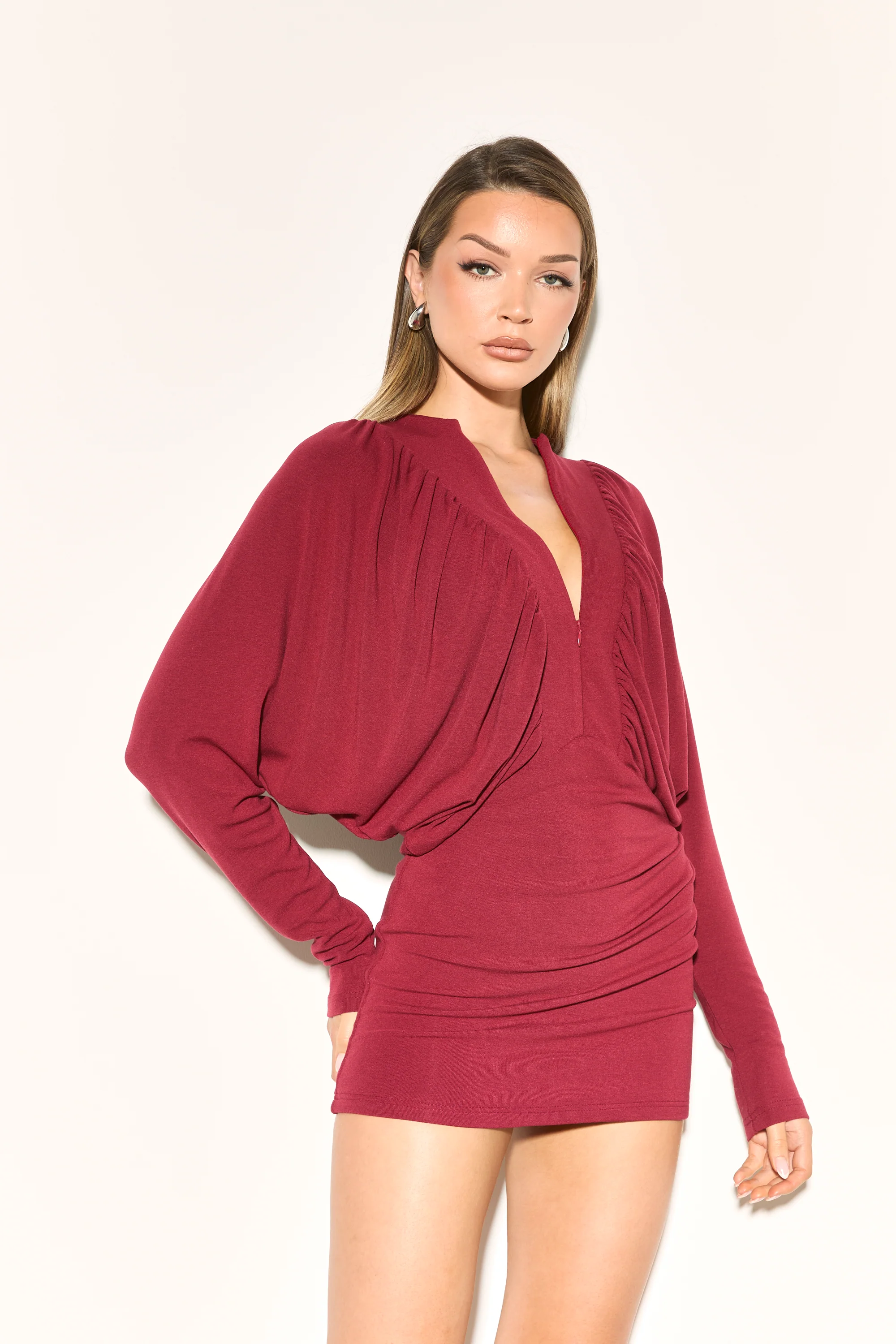 MARISA Burgundy Draped Sleeve Zip Front Dress - Image 4