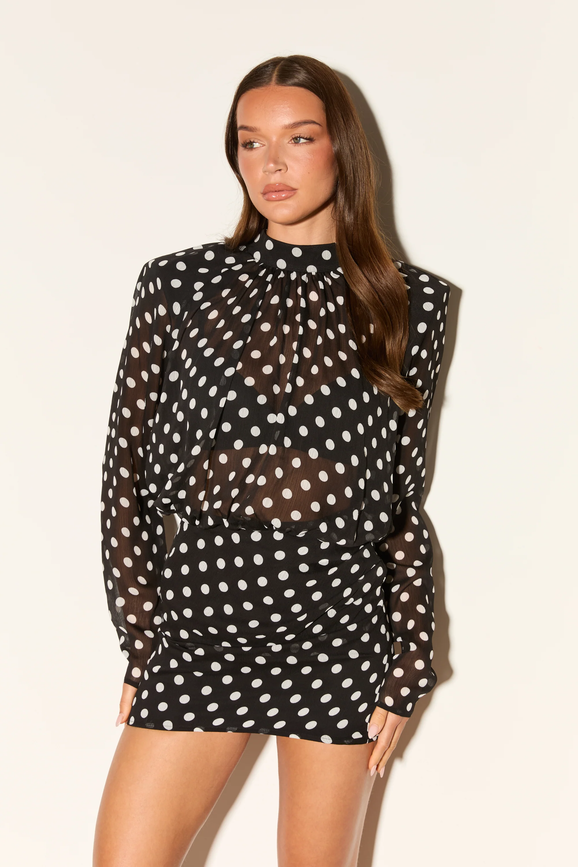 NORI Black Polka Dot Chiffon Mini Dress - Image 6