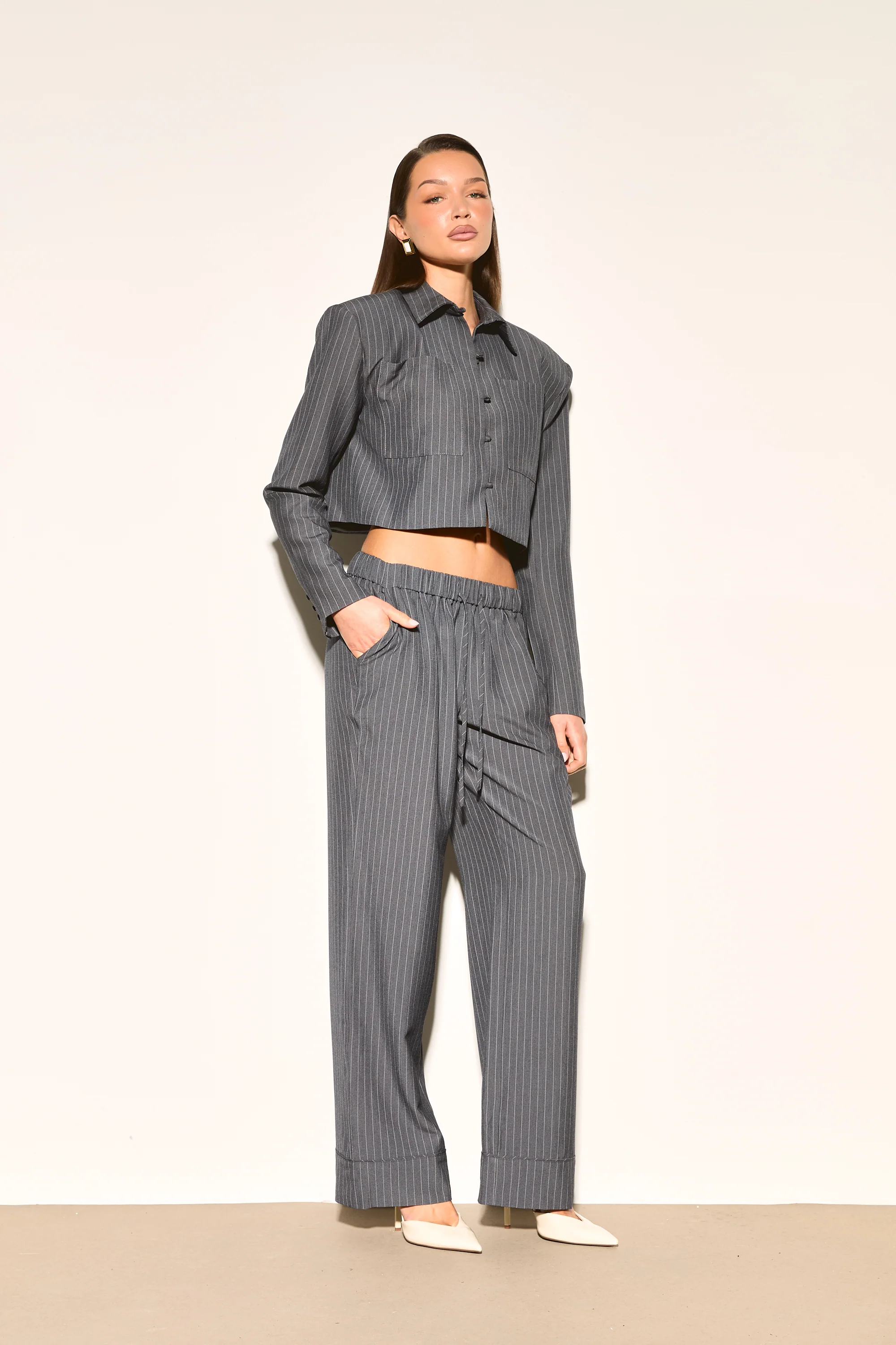 VELORA Grey Pinstripe Cropped Shirt - Image 2